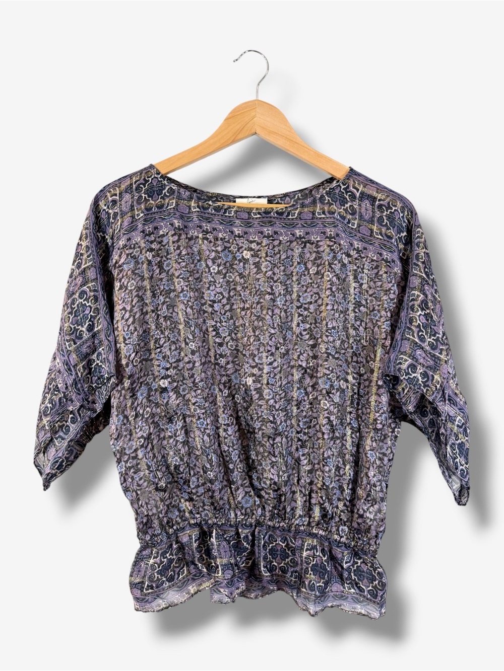 Joie Purple Metallic Silk Floral Paisley Blouse XS Boho Peasant Top Ruffle Hem